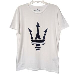 Maserati Mens Trident Logo Graphic T-Shirt White Organic Cotton Made in Italy L